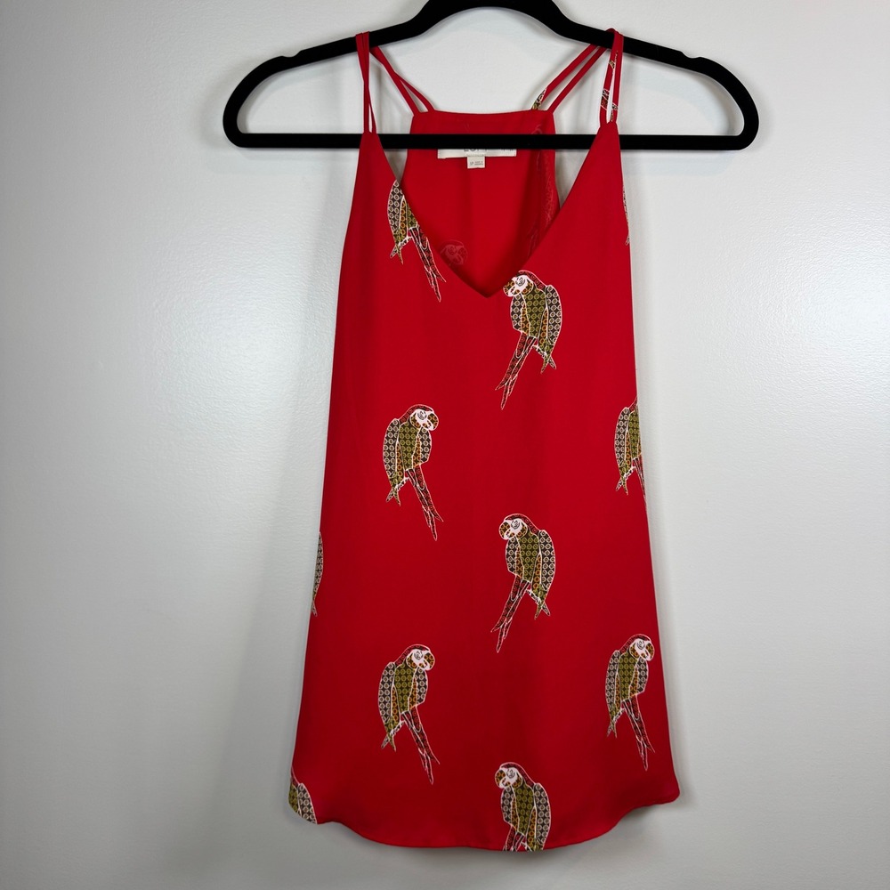 LOFT Red Parrot Print Cami Top Double Strap Racerback SP Beachy Resort Tropical